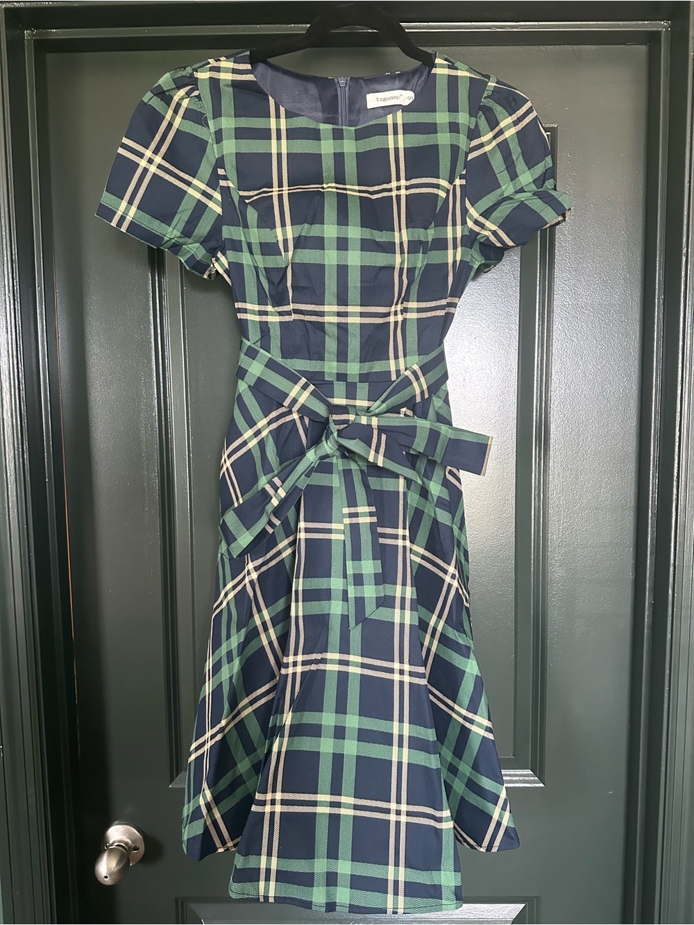 Amazon Navy, Green & Cream Plaid Fit-and-Flare Midi Dress with Tie Waist